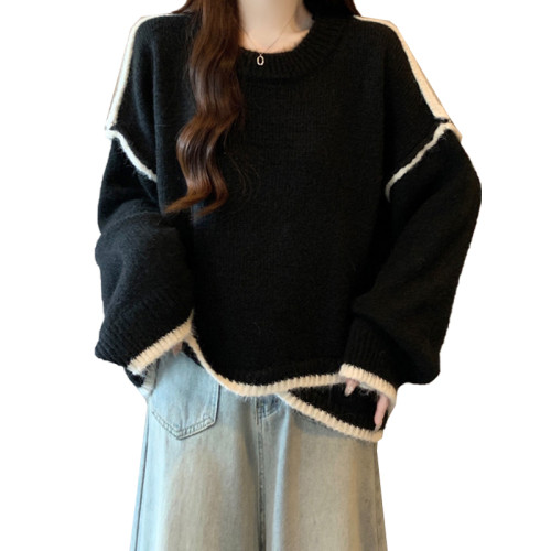 寬松慵懶風撞色灰色長袖毛衣大碼女裝秋冬2025新款遮肉針織衫上衣 寬松慵懶風撞色灰色長袖毛衣大碼女裝秋冬2025新款遮肉針織衫上衣