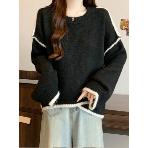 寬松慵懶風撞色灰色長袖毛衣大碼女裝秋冬2025新款遮肉針織衫上衣 寬松慵懶風撞色灰色長袖毛衣大碼女裝秋冬2025新款遮肉針織衫上衣