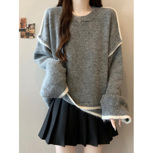 寬松慵懶風撞色灰色長袖毛衣大碼女裝秋冬2025新款遮肉針織衫上衣 寬松慵懶風撞色灰色長袖毛衣大碼女裝秋冬2025新款遮肉針織衫上衣