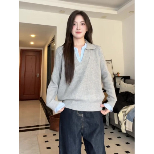 高級感假兩件撞色拼接條紋針織衫女裝早秋季新款顯瘦V領長袖上衣