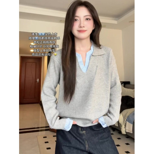 高級感假兩件撞色拼接條紋針織衫女裝早秋季新款顯瘦V領長袖上衣