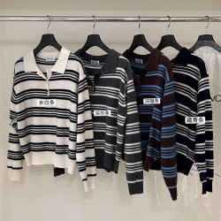 十三行2025秋季新款復古條紋翻領長袖針織衫上衣寬松慵懶風毛衣女