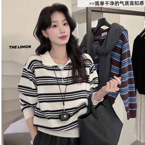 十三行2025秋季新款復古條紋翻領長袖針織衫上衣寬松慵懶風毛衣女