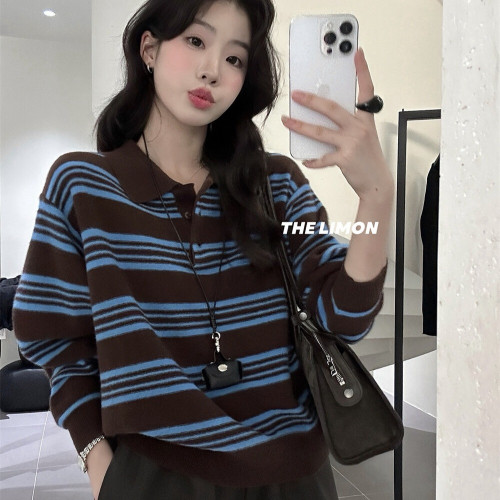 十三行2025秋季新款復古條紋翻領長袖針織衫上衣寬松慵懶風毛衣女
