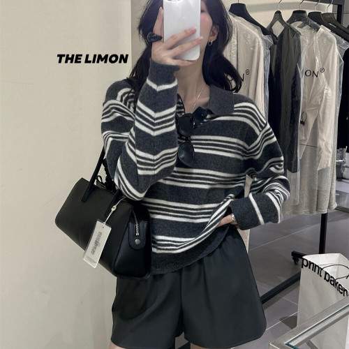 十三行2025秋季新款復古條紋翻領長袖針織衫上衣寬松慵懶風毛衣女