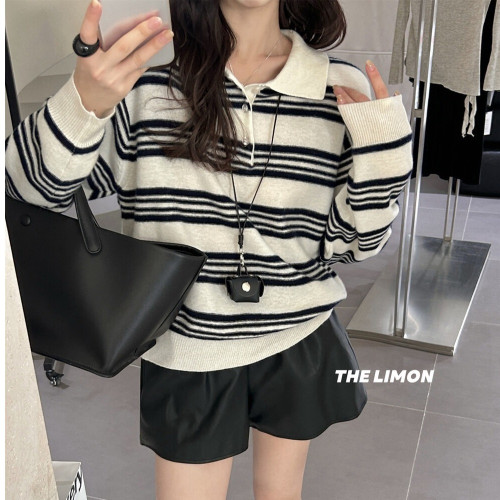 十三行2025秋季新款復古條紋翻領長袖針織衫上衣寬松慵懶風毛衣女