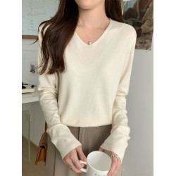 燕麥色V領針織衫女春季百搭寬鬆休閒打底衫內搭毛衣長袖灰色上衣