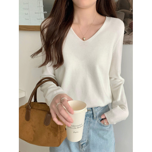 燕麥色V領針織衫女春季百搭寬鬆休閒打底衫內搭毛衣長袖灰色上衣