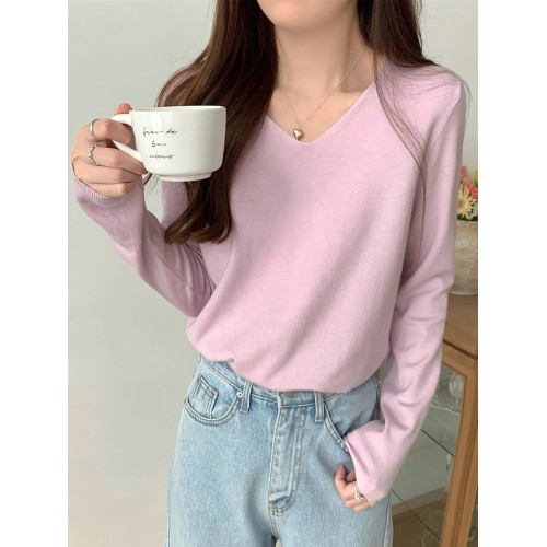 燕麥色V領針織衫女春季百搭寬鬆休閒打底衫內搭毛衣長袖灰色上衣