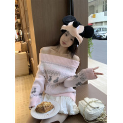 PPHOME費爾島貓咪露肩毛衣女秋季溫柔一字領提花針織衫甜辣風上衣