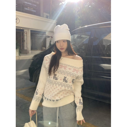PPHOME費爾島貓咪露肩毛衣女秋季溫柔一字領提花針織衫甜辣風上衣 PPHOME費爾島貓咪露肩毛衣女秋季溫柔一字領提花針織衫甜辣風上衣