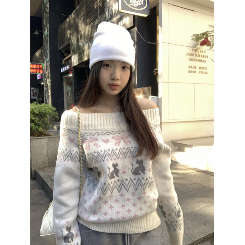 PPHOME費爾島貓咪露肩毛衣女秋季溫柔一字領提花針織衫甜辣風上衣 PPHOME費爾島貓咪露肩毛衣女秋季溫柔一字領提花針織衫甜辣風上衣