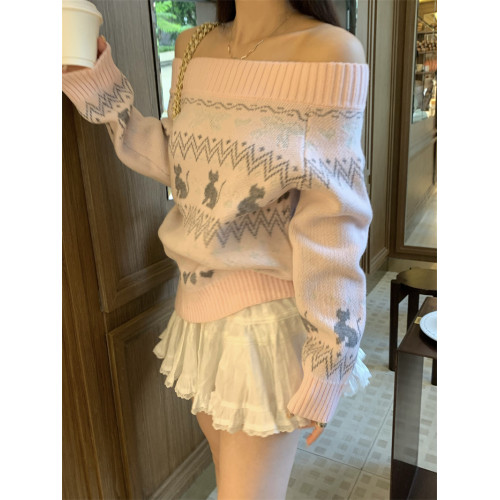 PPHOME費爾島貓咪露肩毛衣女秋季溫柔一字領提花針織衫甜辣風上衣 PPHOME費爾島貓咪露肩毛衣女秋季溫柔一字領提花針織衫甜辣風上衣