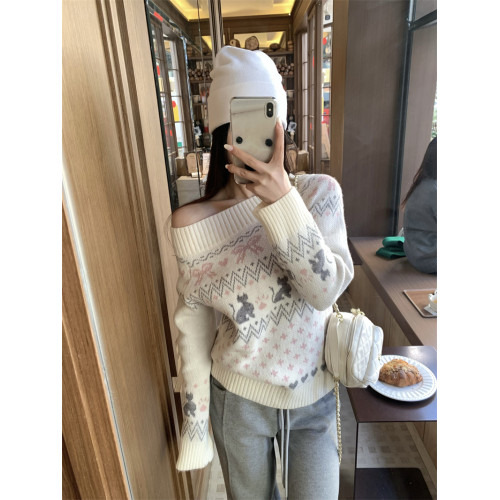 PPHOME費爾島貓咪露肩毛衣女秋季溫柔一字領提花針織衫甜辣風上衣 PPHOME費爾島貓咪露肩毛衣女秋季溫柔一字領提花針織衫甜辣風上衣