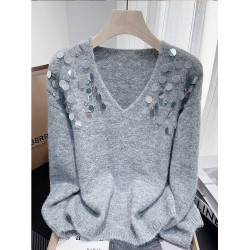 紫色亮片鑲鑽V領慵嬾毛衣女秋季寬鬆法式絕美洋氣軟糯針織衫上衣