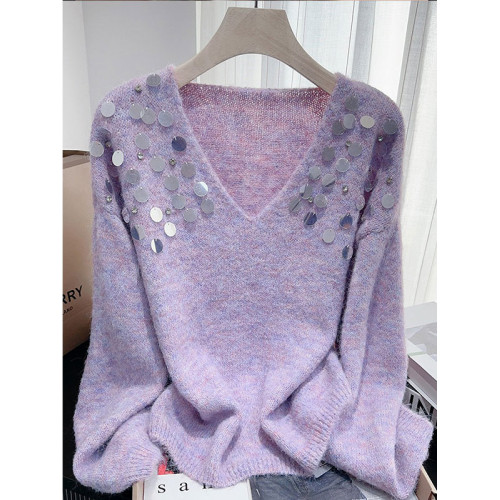 紫色亮片鑲鑽V領慵嬾毛衣女秋季寬鬆法式絕美洋氣軟糯針織衫上衣