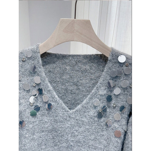 紫色亮片鑲鑽V領慵嬾毛衣女秋季寬鬆法式絕美洋氣軟糯針織衫上衣