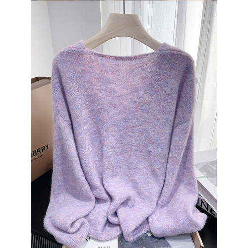 紫色亮片鑲鑽V領慵嬾毛衣女秋季寬鬆法式絕美洋氣軟糯針織衫上衣