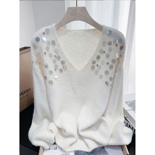 紫色亮片鑲鑽V領慵嬾毛衣女秋季寬鬆法式絕美洋氣軟糯針織衫上衣