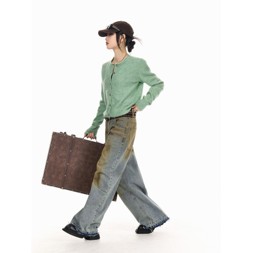 ICH MODE 美式復古薄荷綠短款針織開衫女春秋季修身慵嬾毛衣外套