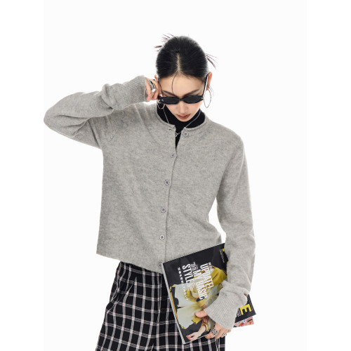 ICH MODE 美式復古薄荷綠短款針織開衫女春秋季修身慵嬾毛衣外套