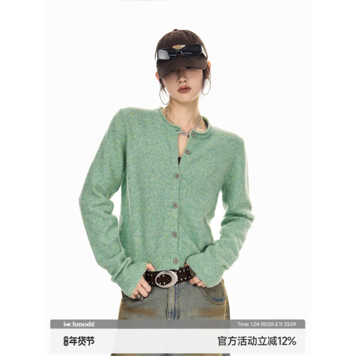 ICH MODE 美式復古薄荷綠短款針織開衫女春秋季修身慵嬾毛衣外套