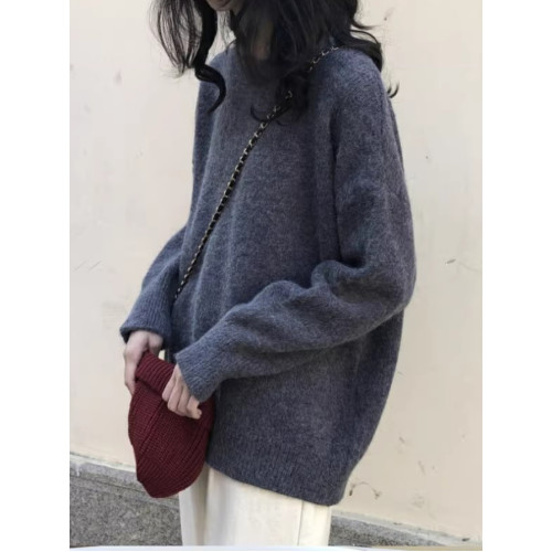 寬松慵懶圓領毛衣女秋冬新款加厚套頭外穿保暖針織衫大碼打底上衣