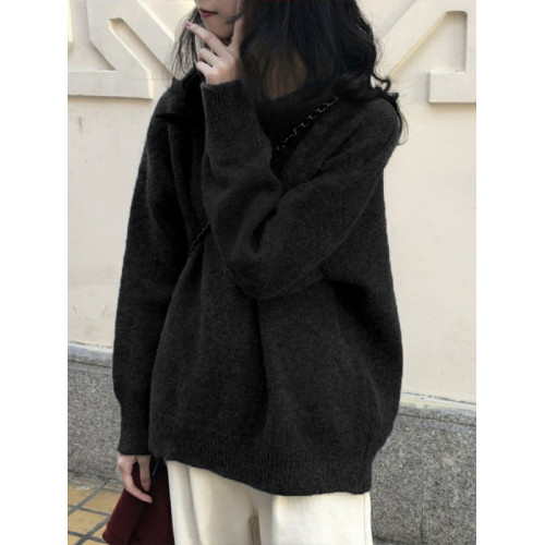 寬松慵懶圓領毛衣女秋冬新款加厚套頭外穿保暖針織衫大碼打底上衣