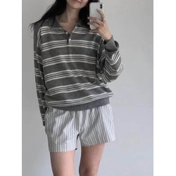 韓代@nothing writt*n 10%羊毛 復古灰白條紋繙領polo針織衫上衣