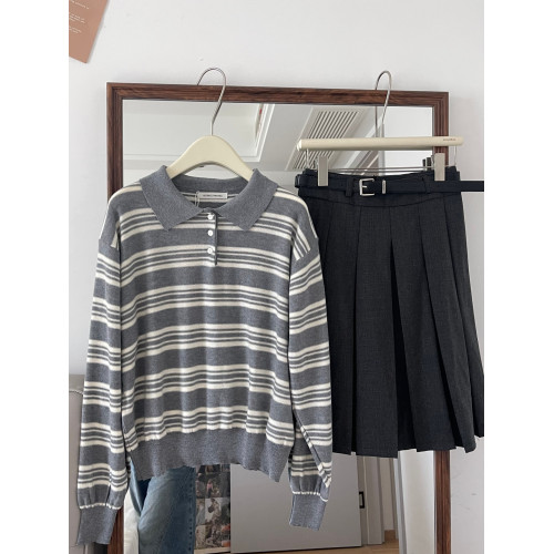 韓代@nothing writt*n 10%羊毛 復古灰白條紋繙領polo針織衫上衣