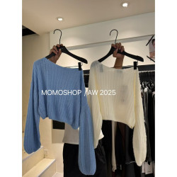 2025秋款韓版設計小衆簡約慵懶風斜肩針織衫毛衣百搭長袖上衣