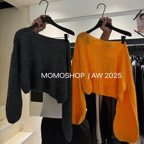 2025秋款韓版設計小衆簡約慵懶風斜肩針織衫毛衣百搭長袖上衣