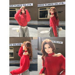 李婉君露絲雪貂紗線白色毛妮女秋冬慵懶風氣質毛針織掛脖露肩上衣