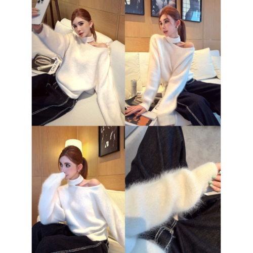 李婉君露絲雪貂紗線白色毛妮女秋冬慵懶風氣質毛針織掛脖露肩上衣