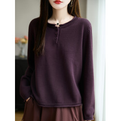 100%純棉線卷邊圓領長袖針織衫女加厚寬松套頭打底衫全棉顯瘦上衣