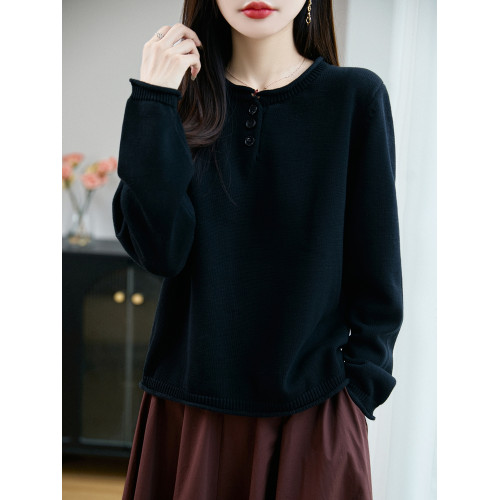 100%純棉線卷邊圓領長袖針織衫女加厚寬松套頭打底衫全棉顯瘦上衣 100%純棉線卷邊圓領長袖針織衫女加厚寬松套頭打底衫全棉顯瘦上衣