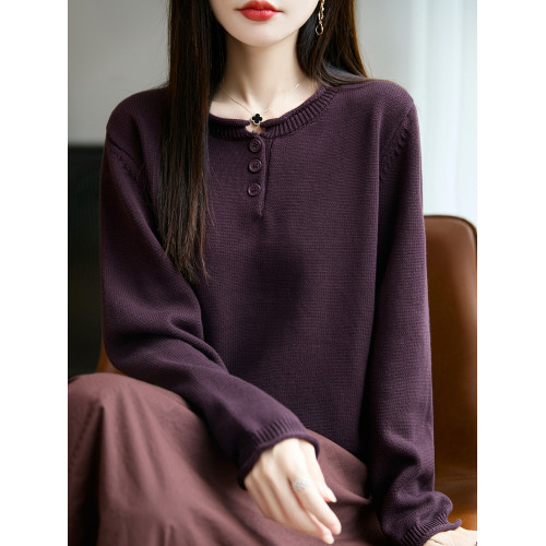 100%純棉線卷邊圓領長袖針織衫女加厚寬松套頭打底衫全棉顯瘦上衣 100%純棉線卷邊圓領長袖針織衫女加厚寬松套頭打底衫全棉顯瘦上衣