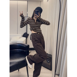 法式氣質咖色條紋polo領針織衫女早秋高級感內搭毛衣長袖打底上衣