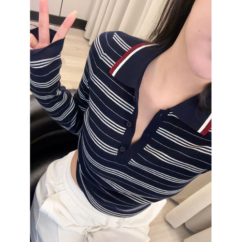 法式氣質咖色條紋polo領針織衫女早秋高級感內搭毛衣長袖打底上衣