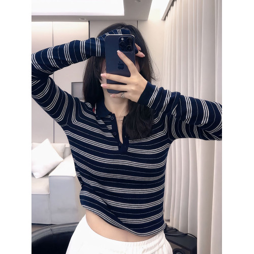 法式氣質咖色條紋polo領針織衫女早秋高級感內搭毛衣長袖打底上衣