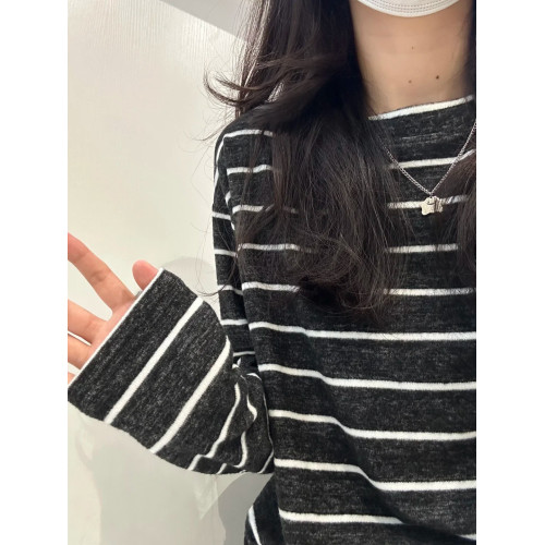 加厚磨毛慵懶風百搭寬鬆上衣女春秋條紋撞色長袖松弛顯瘦內搭T恤