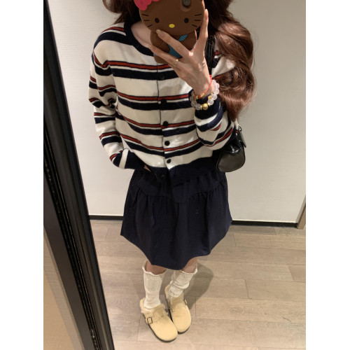 2025新款早秋季撞色條紋針織衫上衣女裝韓系爆款短款毛衣開衫外套 2025新款早秋季撞色條紋針織衫上衣女裝韓系爆款短款毛衣開衫外套