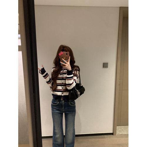 2025新款早秋季撞色條紋針織衫上衣女裝韓系爆款短款毛衣開衫外套 2025新款早秋季撞色條紋針織衫上衣女裝韓系爆款短款毛衣開衫外套