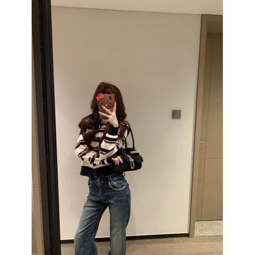 2025新款早秋季撞色條紋針織衫上衣女裝韓系爆款短款毛衣開衫外套 2025新款早秋季撞色條紋針織衫上衣女裝韓系爆款短款毛衣開衫外套