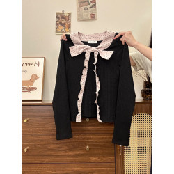 奶油的宇宙 波點蝴蝶結拼接假兩件針織長袖女設計感修身早秋內搭