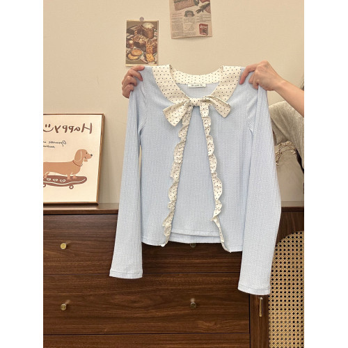 奶油的宇宙 波點蝴蝶結拼接假兩件針織長袖女設計感修身早秋內搭