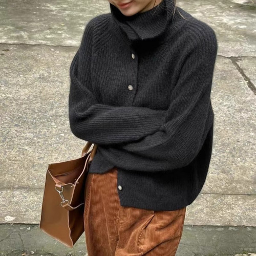 毛衣外套女秋冬chic高級感簡約高領加厚羊絨寬松短款針織開衫上衣