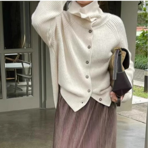 毛衣外套女秋冬chic高級感簡約高領加厚羊絨寬松短款針織開衫上衣