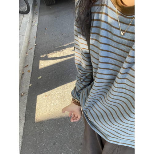韓系復古撞色條紋針織打底衫女秋冬季寬松慵懶風薄紗毛衣罩衫上衣 韓系復古撞色條紋針織打底衫女秋冬季寬松慵懶風薄紗毛衣罩衫上衣
