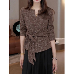 高級感復古輕奢V領針織衫女秋季大碼胖MM設計感氣質顯瘦綁帶上衣